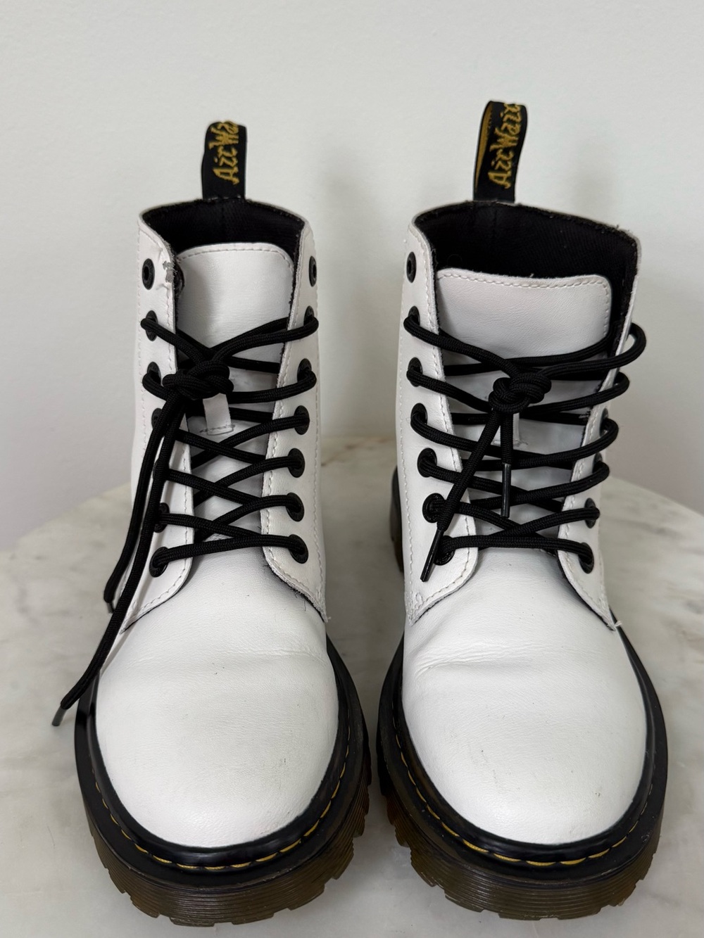 Dr. Martens White Leather Lace-Up Combat Boots with Black Laces
